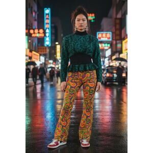 Vintage 80s All That Jazz Teal Damask Peplum Sweater Mock Neck M